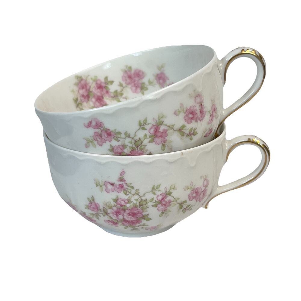 Vintage Haviland France Limoges Set of 2 Tea Cups Gold White Pink Flowers Garden